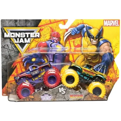 Set 2 masinute Monster Jam Marvel - The Sentinels vs Wolverine, 1:64