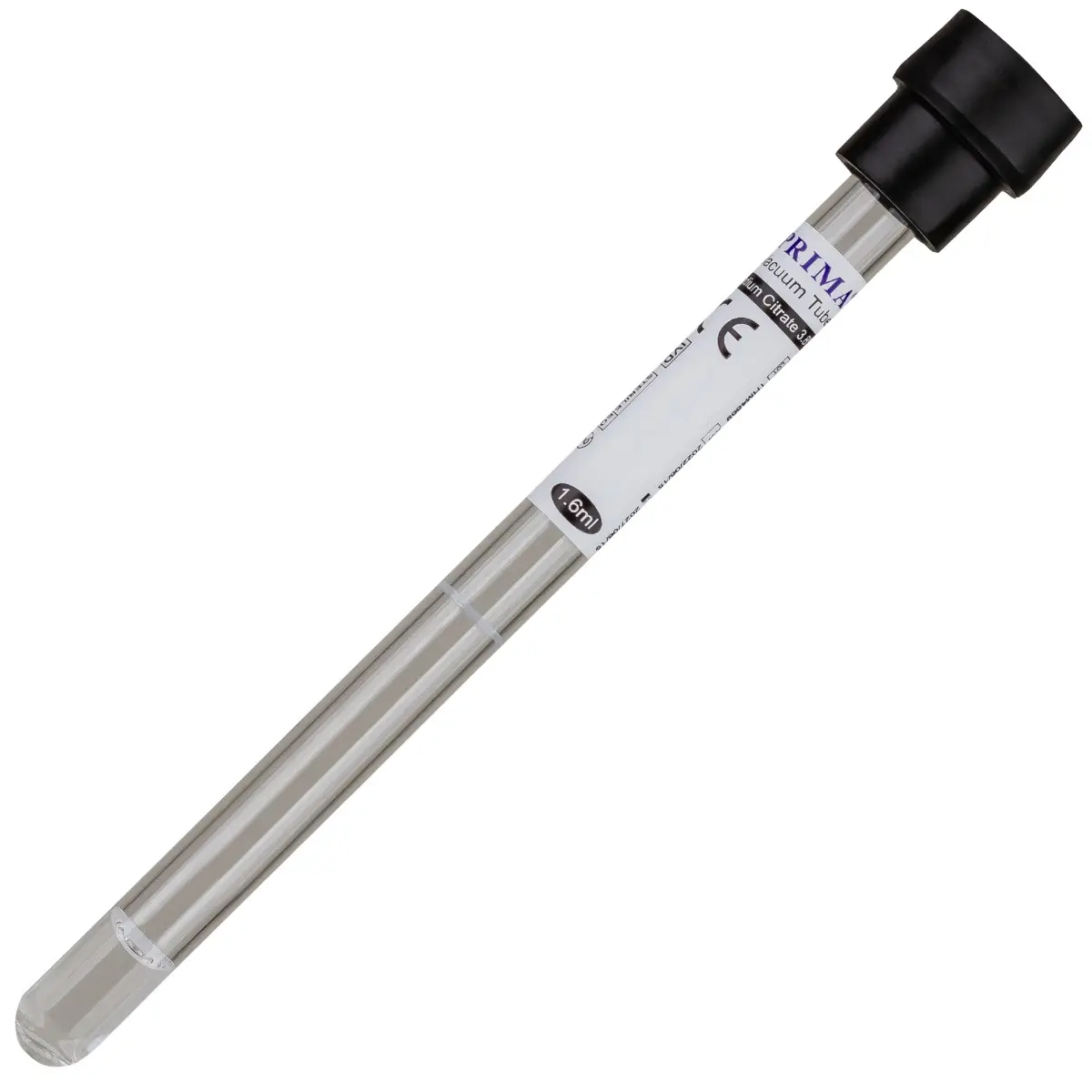Vacutainer VSH 1.6 ml, cu capac negru, Na Citrat 3,8%, sticla, 8x120 mm, PRIMA, 100 bucati