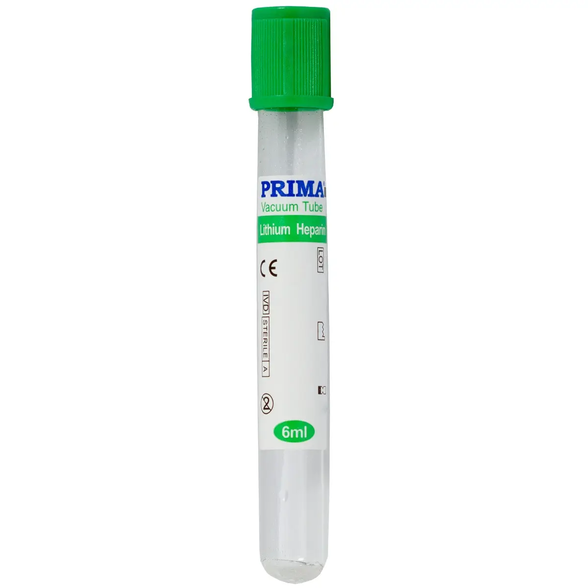 Vacutainer Litiu Heparina 6 ml, Tub din Sticla pentru Plasma, Capac Verde, PRIMA, 100 bucati