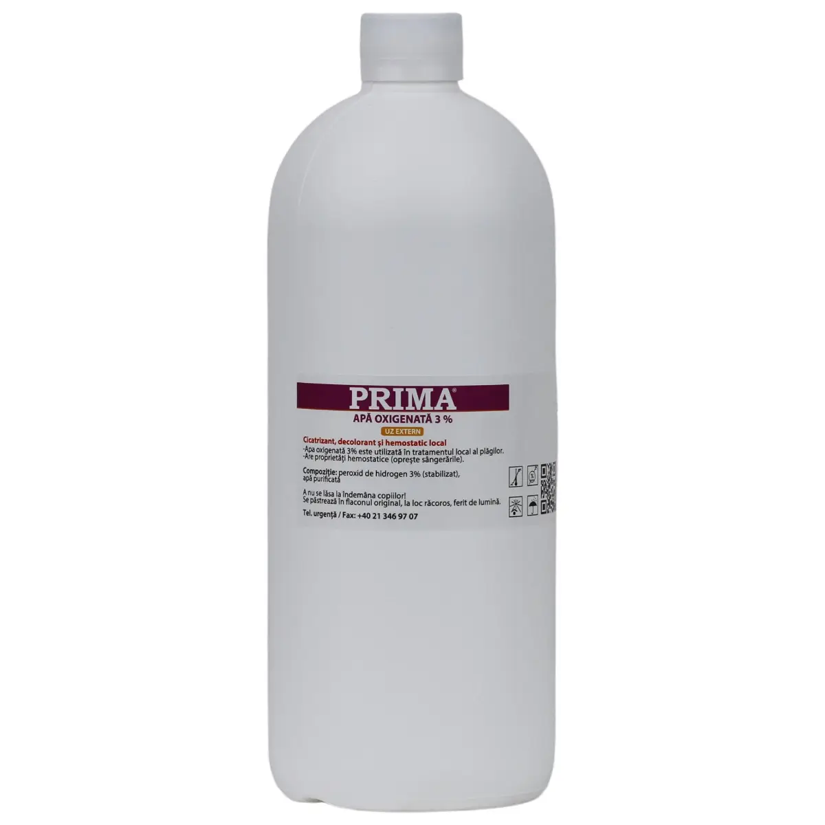 Apa oxigenata (peroxid de hidrogen) 3% PRIMA 1000 ml, antiseptic, hemostatic, pentru rani si igiena orala