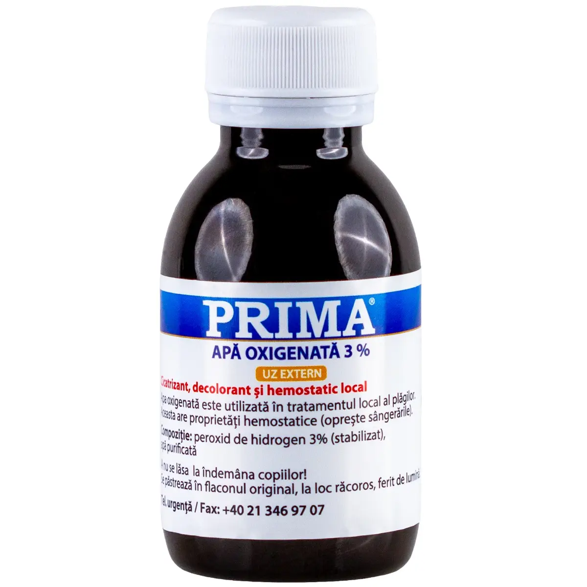 Apa oxigenata (peroxid de hidrogen) 3% PRIMA 85 ml, antiseptic, hemostatic, pentru rani si igiena orala