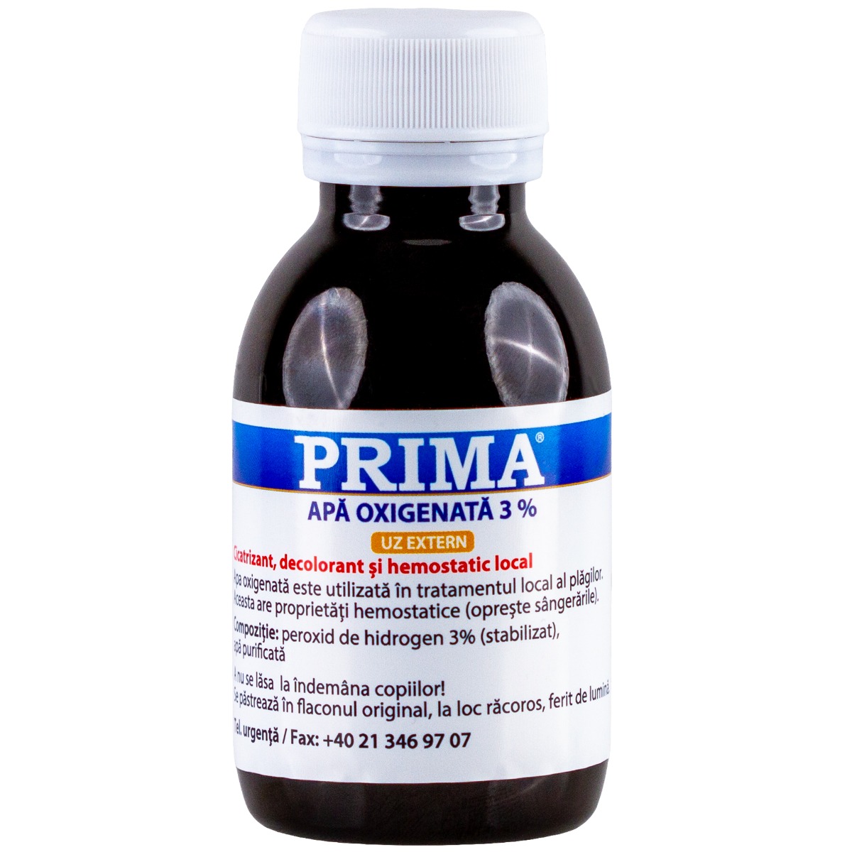 Apa oxigenata (peroxid de hidrogen) 3% PRIMA 85 ml, antiseptic, hemostatic, pentru rani si igiena orala