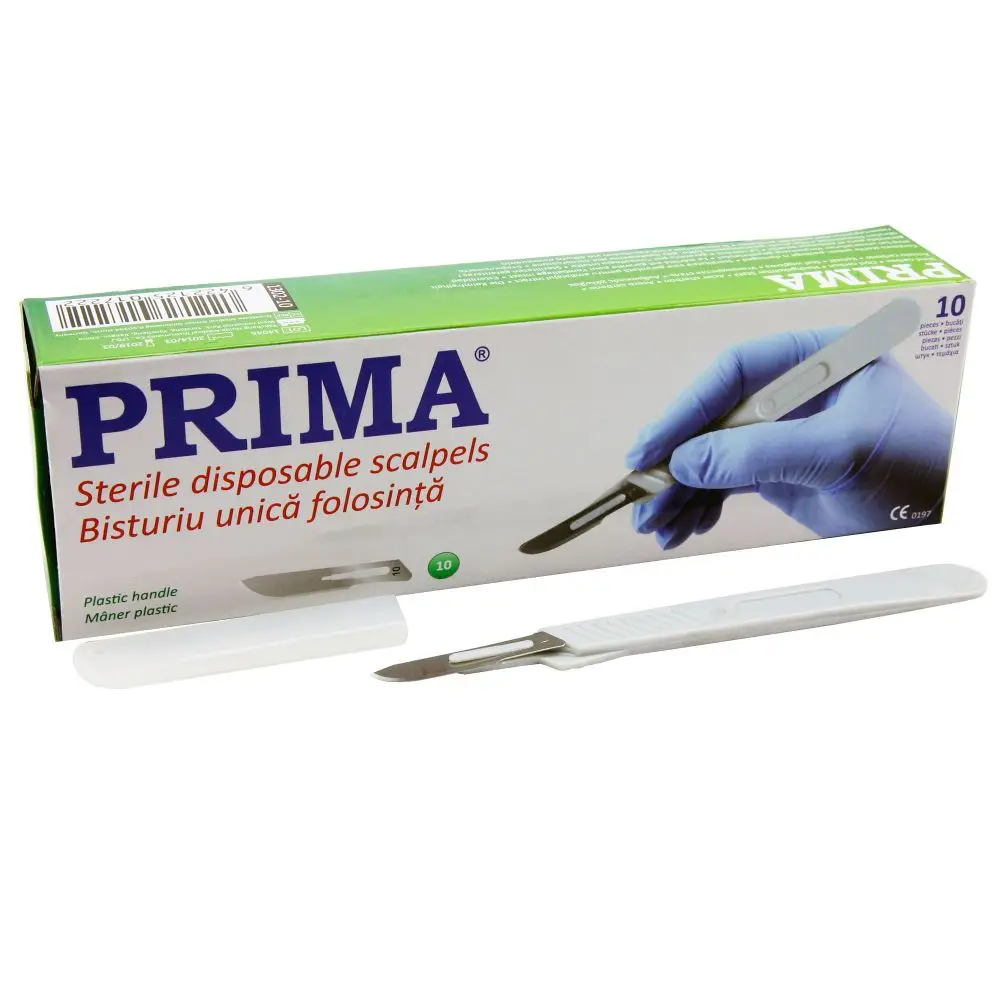 Bisturiu de unica folosinta PRIMA cu maner din plastic si lama din otel-carbon – 10 bucati