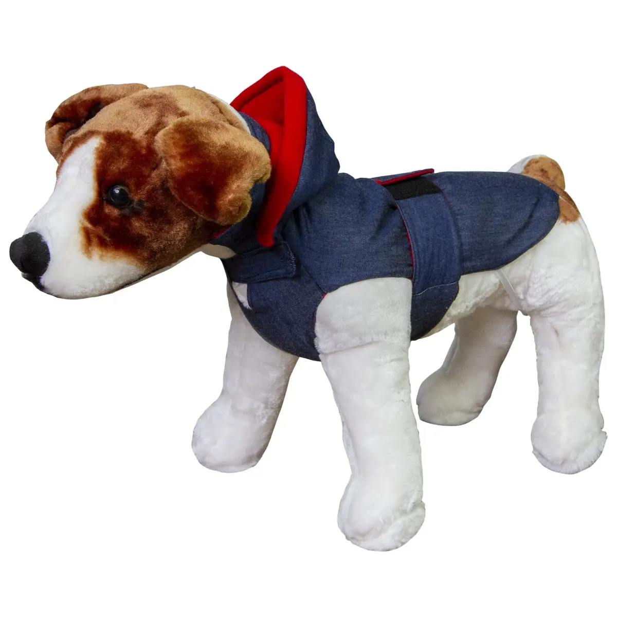 Haina pentru caini si pisici, PRIMA, din denim, captuseala rosie, gluga detasabila, 27 cm