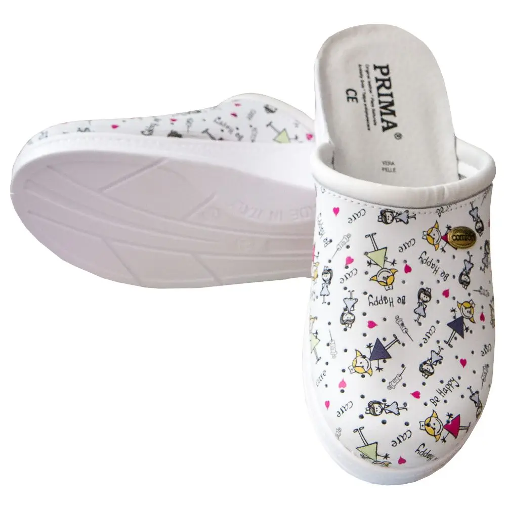 Saboti (papuci) medicali din piele naturala, dama, talpa confortabila, pentru spital, design pediatric cu desene copii, PRIMA