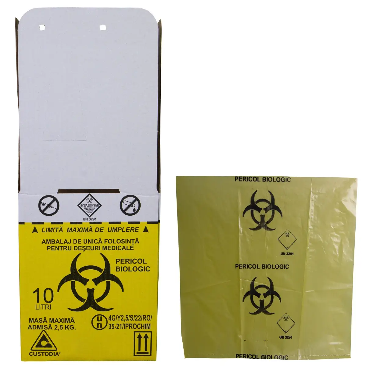 Cutie deseuri medicale 10L cu sac galben Biohazard, carton 3 straturi, pentru colectarea si incinerarea deseurilor infectioase