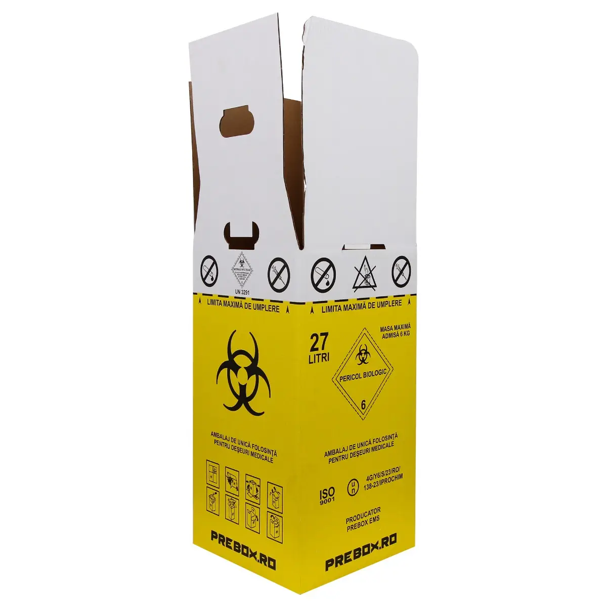 Cutie deseuri medicale 27L cu sac galben Biohazard, carton 3 straturi, ADR, pentru colectare deseuri anatomo-patologice