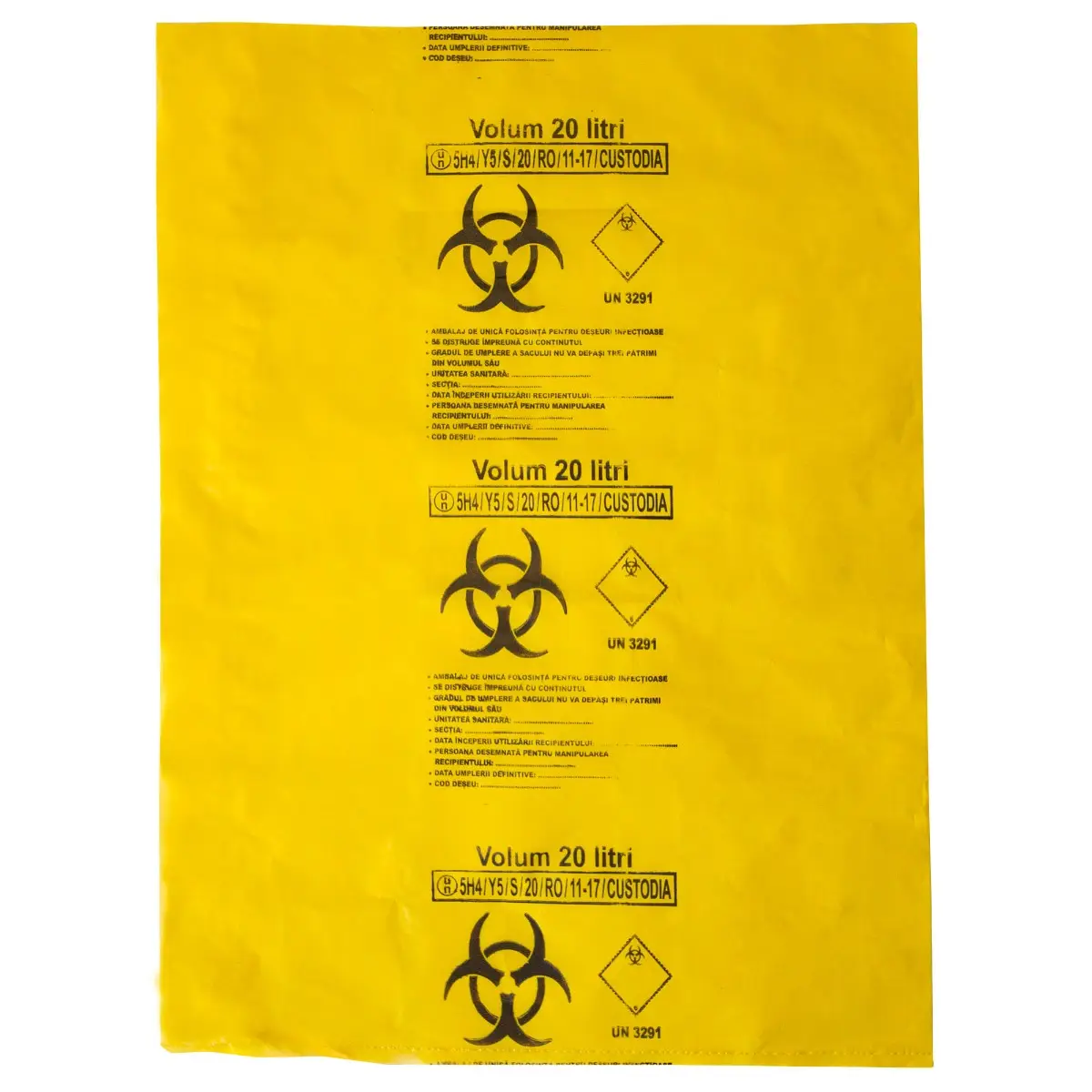Saci galbeni pericol biologic 20L BIOHAZARD ADR, 50 microni, 50 bucati - saci deseuri medicale certificati