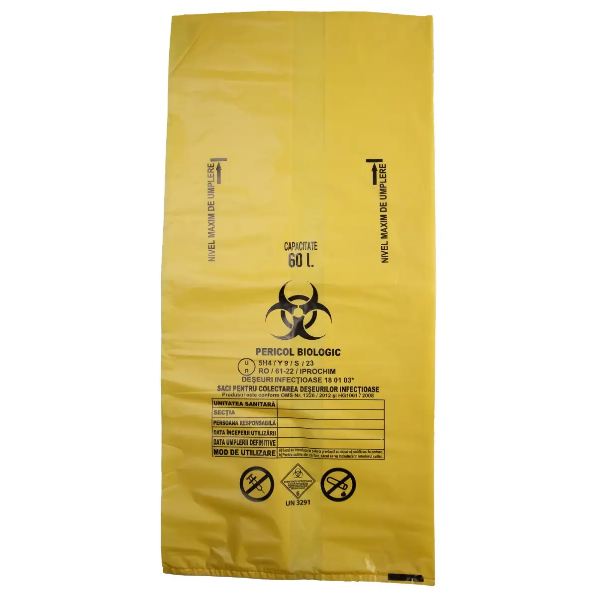 Saci galbeni pericol biologic 60L (520x700x0.05 mm) BIOHAZARD ADR, 50 microni, 50 bucati - saci deseuri medicale certificati