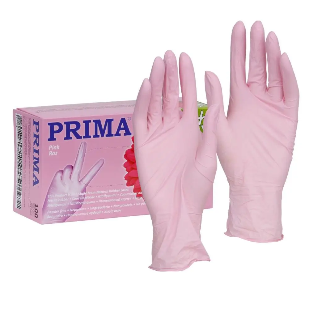 Manusi examinare roz din nitril, nepudrate, PRIMA, marimi S-XL, 100 bucati