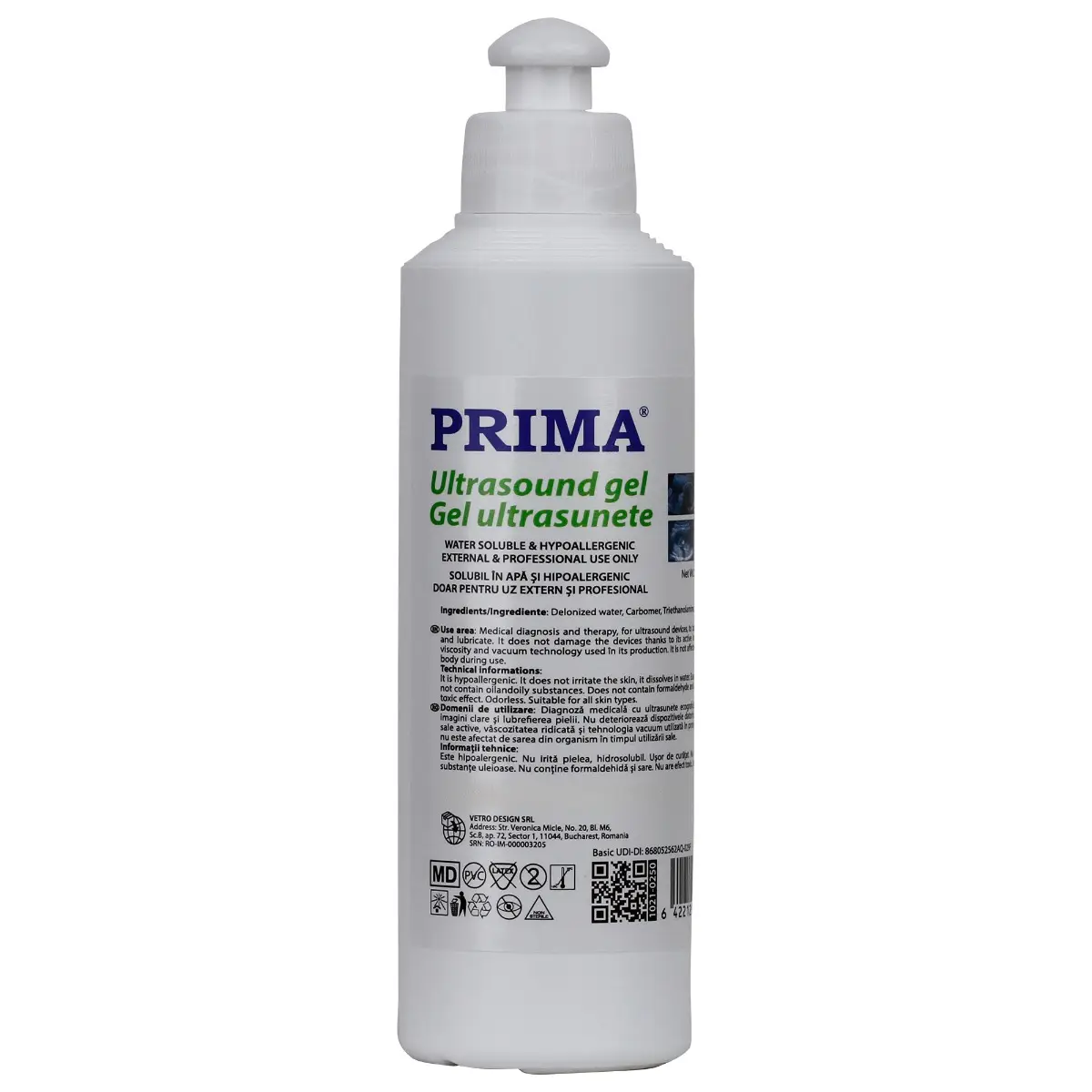 Gel ecografie transparent conductor pentru ultrasunete PRIMA, EKG si ECG, 250 ml