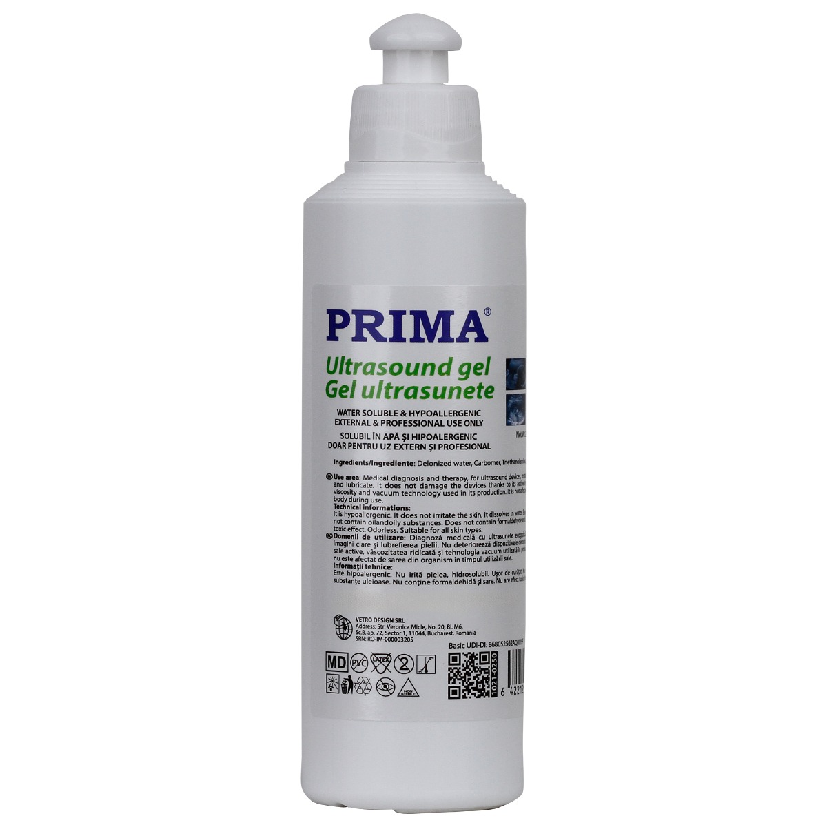 Gel ecografie transparent conductor pentru ultrasunete PRIMA, EKG si ECG, 250 ml