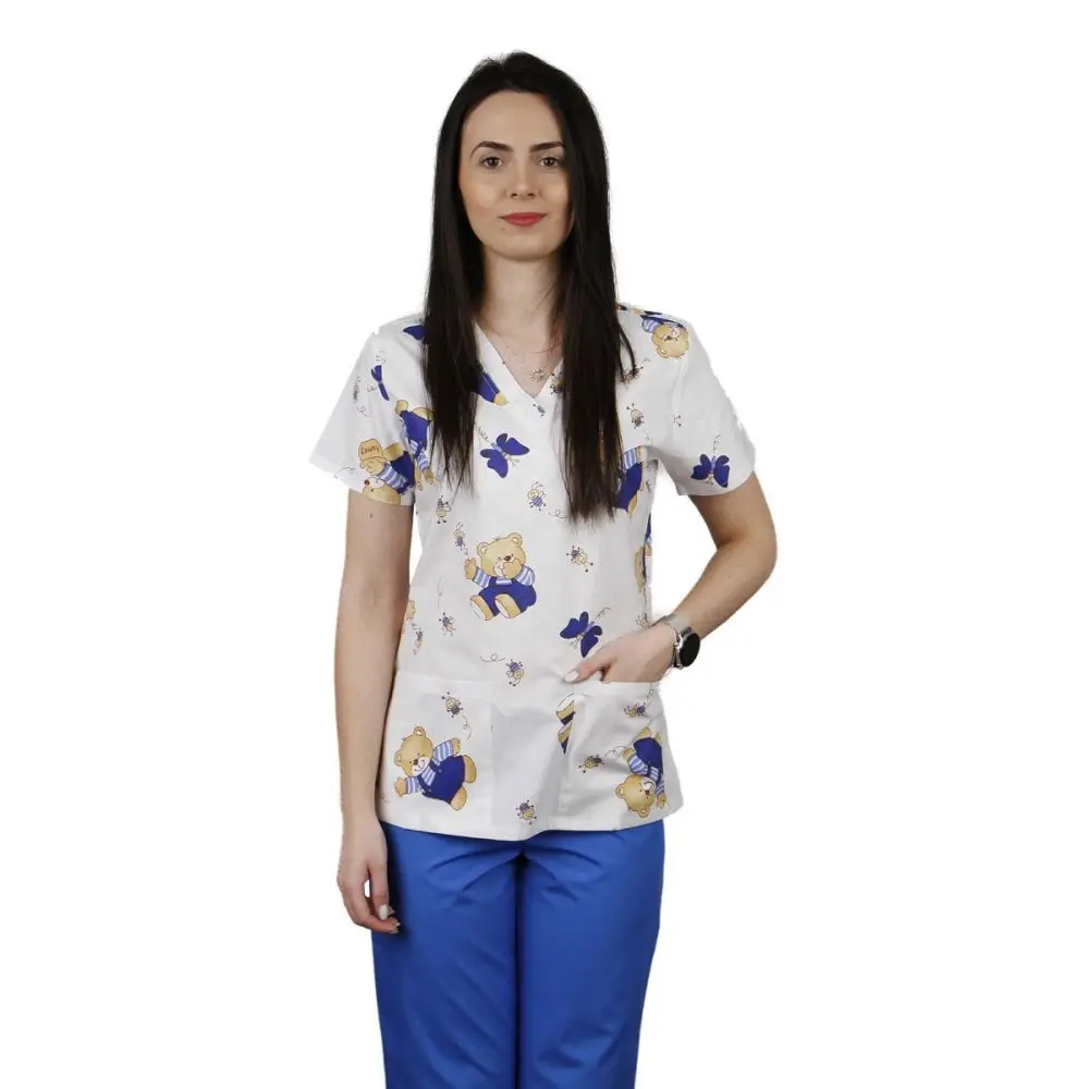 Bluza dama CLARA Imprimeu, urs alb/albastru - Uniforma Medicala