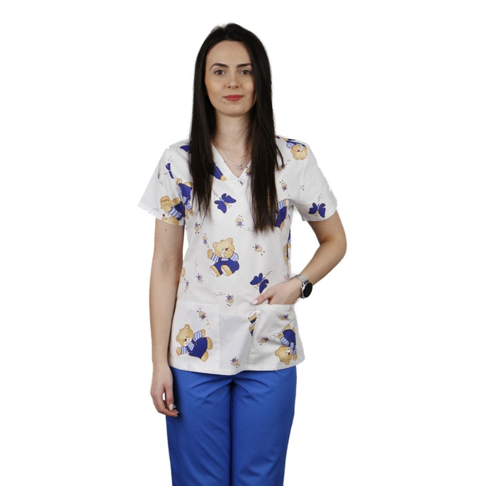 Bluza dama CLARA Imprimeu, urs alb/albastru - Uniforma Medicala