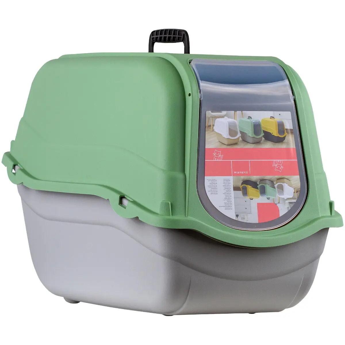 Litiera pisici acoperita cu capac si filtru de carbon activ, 57x39x41 cm, plastic, gri/verde