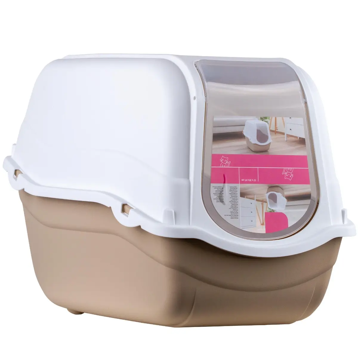 Litiera pisici acoperita cu capac si filtru de carbon activ, 57x39x41 cm, plastic, taupe/alb/crem
