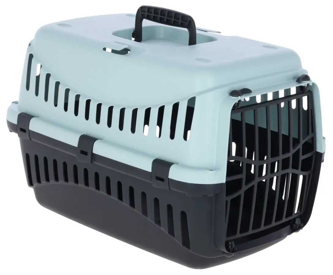 Cusca transport pisici si catei, din plastic, cu usa de plastic si fante auto, albastru/negru, 45x30x30 cm - cutie transport animale mici pana la 10 kg