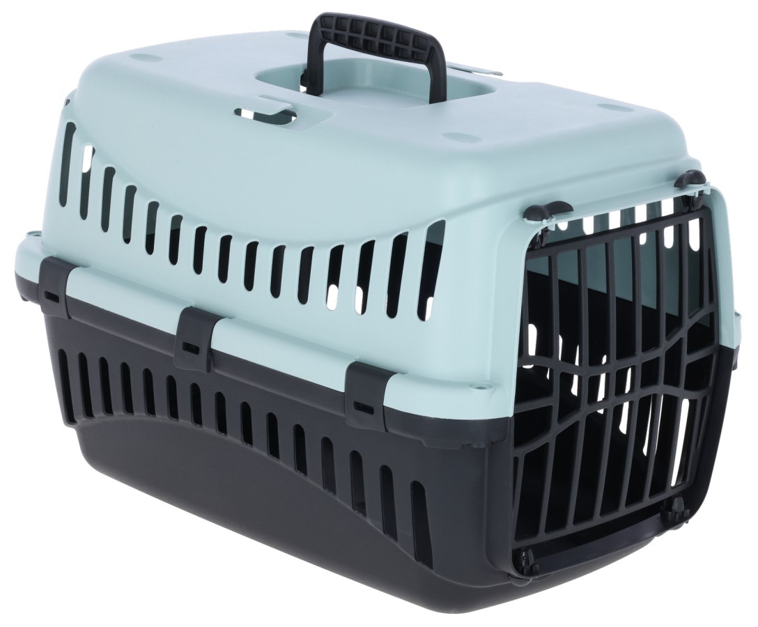 Cusca transport pisici si catei, din plastic, cu usa de plastic si fante auto, albastru/negru, 45x30x30 cm - cutie transport animale mici pana la 10 kg