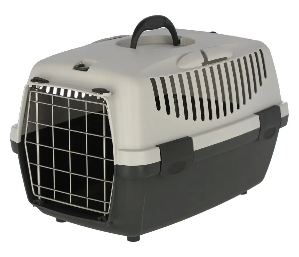 Cusca transport pisici si catei, Guliver, cu usa metalica, din plastic gri deschis/gri inchis, 55x36x35 cm - cutie transport animale mici pana la 8 kg