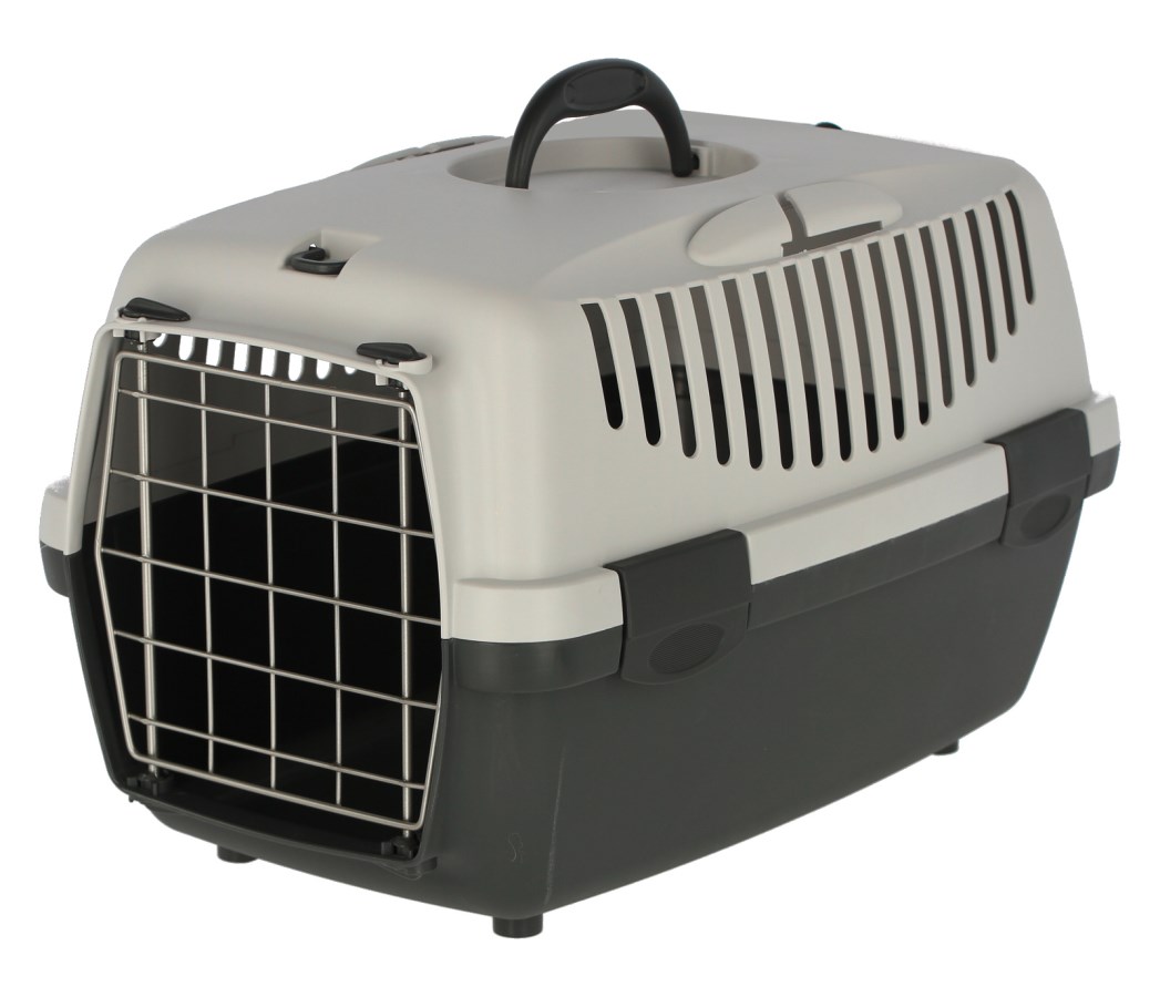 Cusca transport pisici si catei, Guliver, cu usa metalica, din plastic gri deschis/gri inchis, 61x40x38 cm - cutie transport animale mici pana la 12 kg