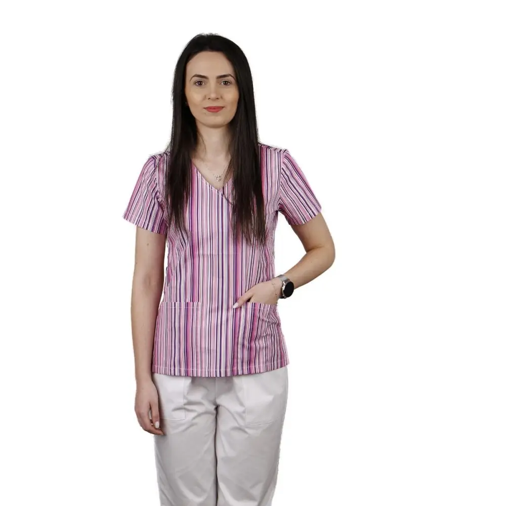 Bluza dama MIRA Imprimeu dungi mov - Uniforma Medicala
