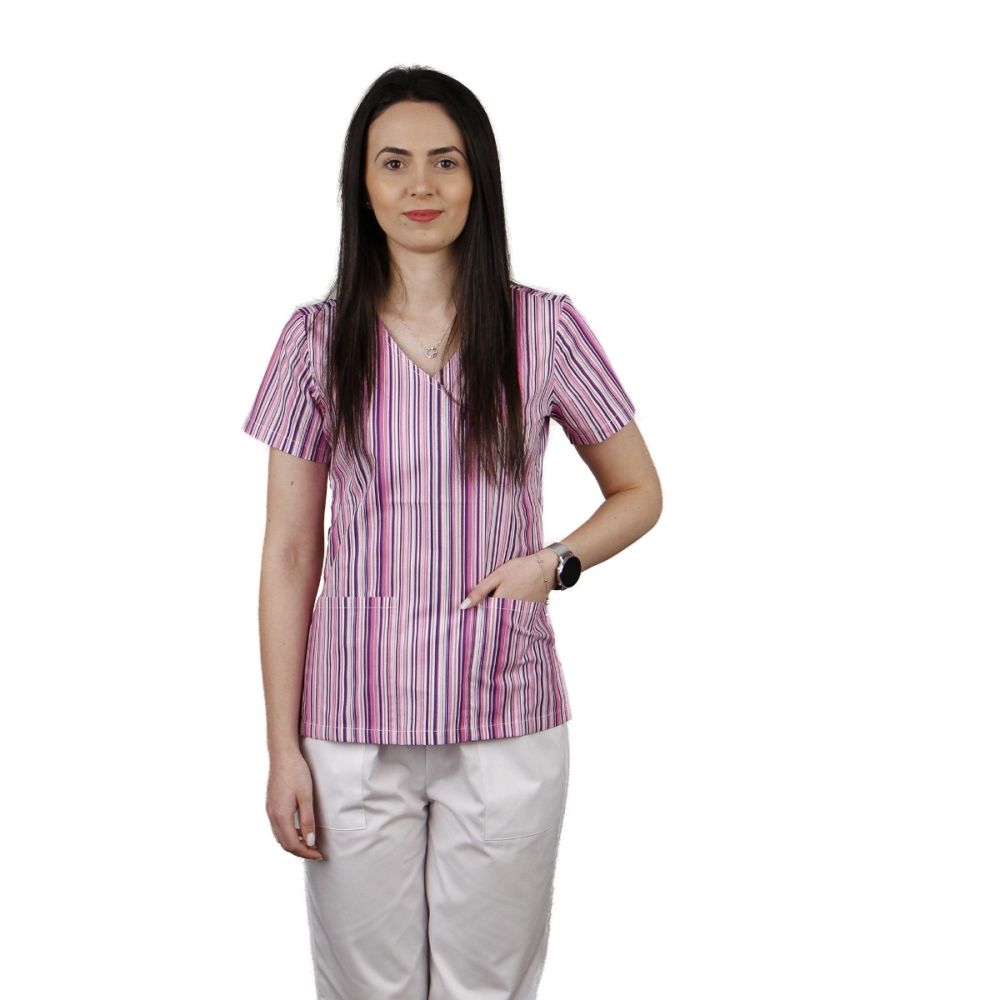 Bluza dama MIRA Imprimeu dungi mov - Uniforma Medicala
