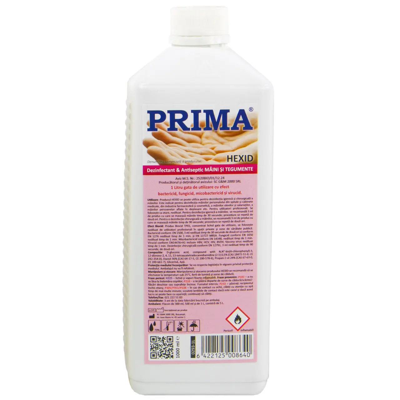 Dezinfectant antiseptic cu alcool pentru maini si tegumente PRIMA 1L, transparent