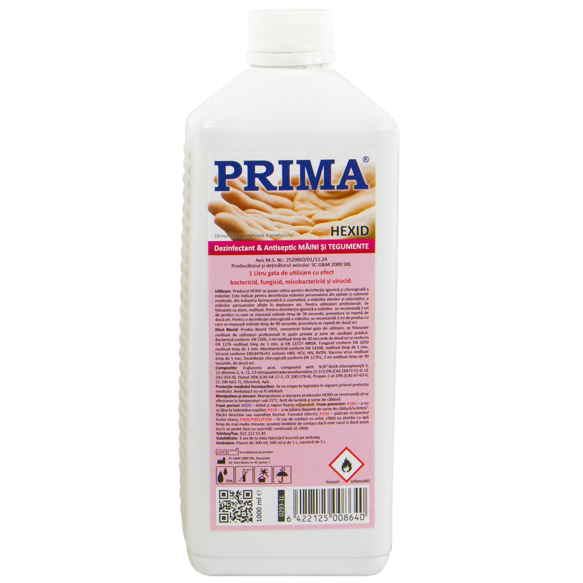 Dezinfectant antiseptic cu alcool pentru maini si tegumente PRIMA 1L, transparent