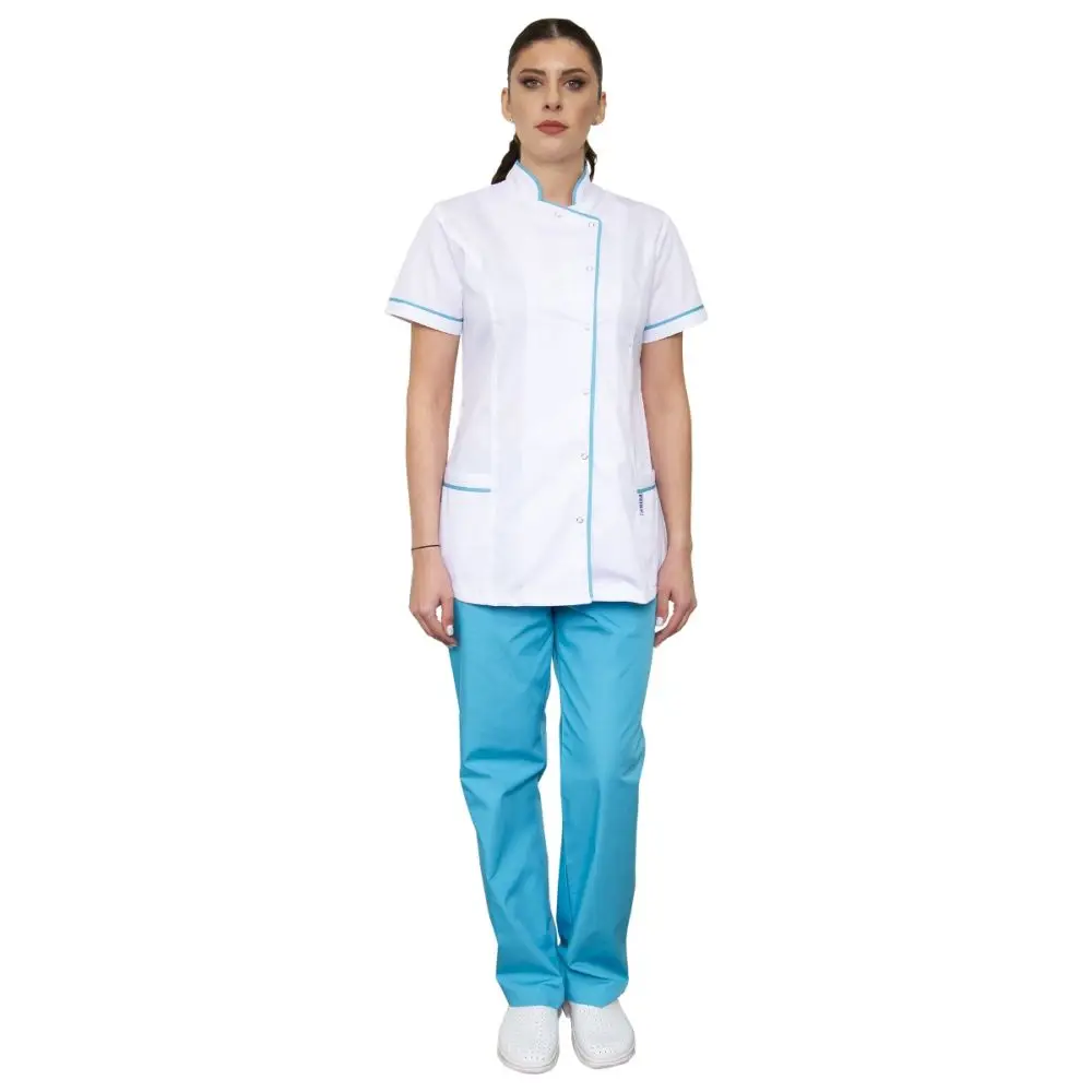 Tunica dama EMA Premium alba cu bordura turcoaz - Uniforma Medicala