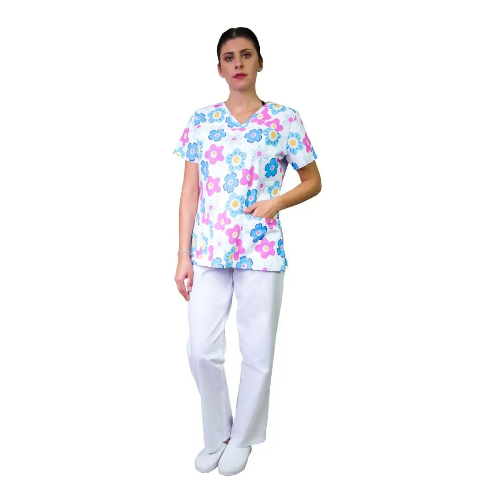 Bluza dama TINA Imprimeu flori albastre/roz - Uniforma Medicala
