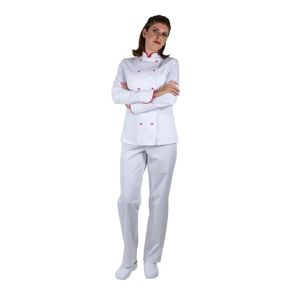 Camasa bucatar dama GIA Premium alba cu bordura rosie