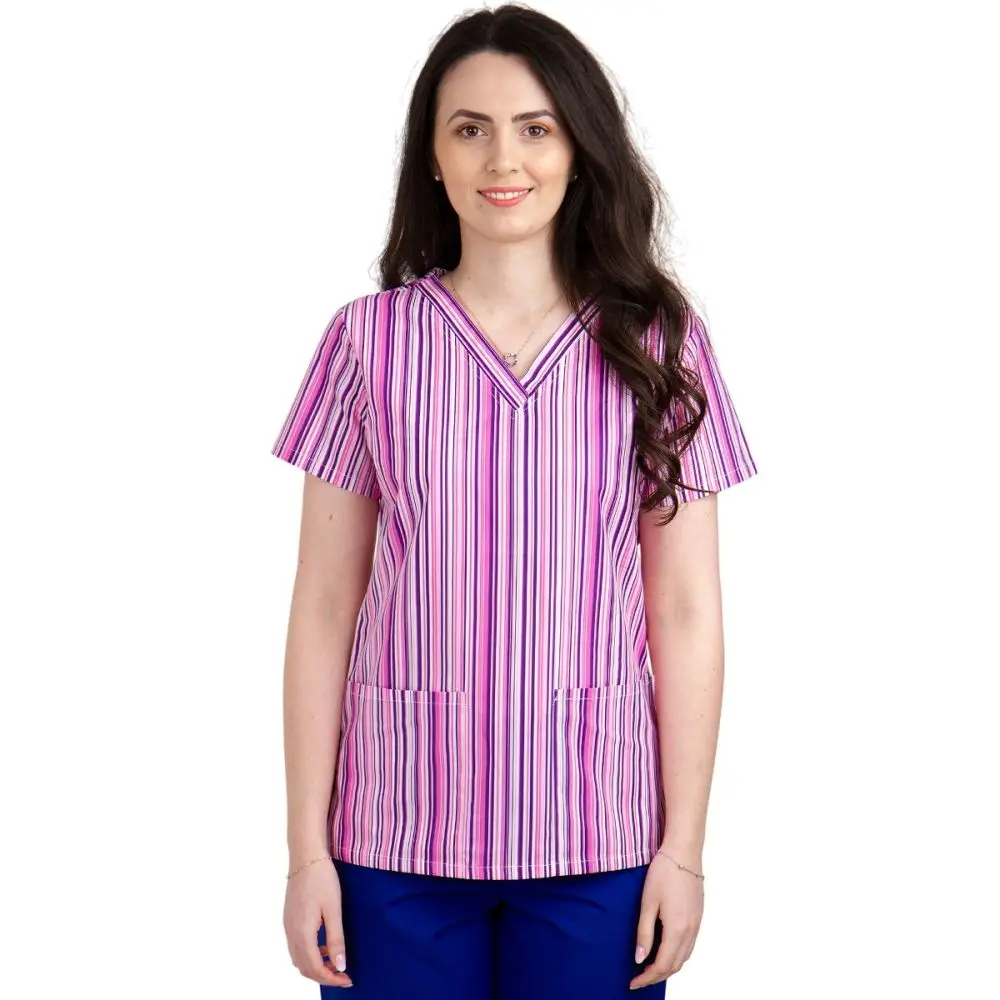 Bluza dama CLARA Imprimeu dungi mov - Uniforma Medicala