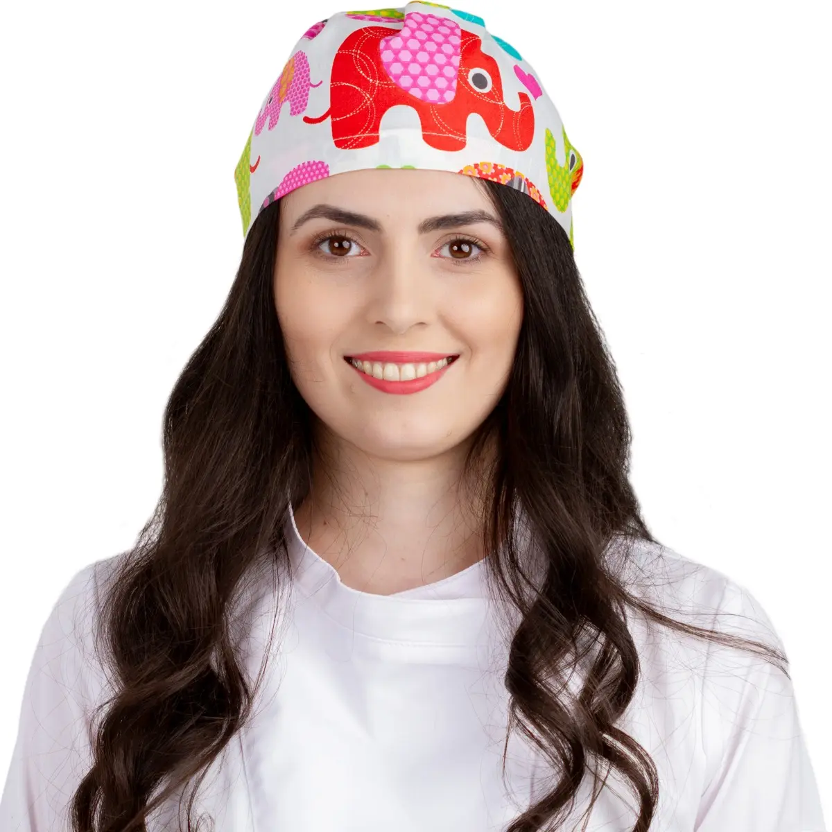 Boneta medicala PRIMA Imprimeu elefanti colorati, unisex, cu legaturi, bumbac