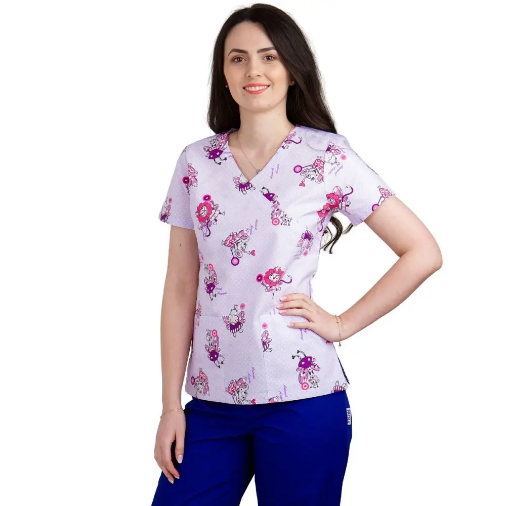 Bluza dama MIRA Imprimeu animalute si buline lila - Uniforma Medicala