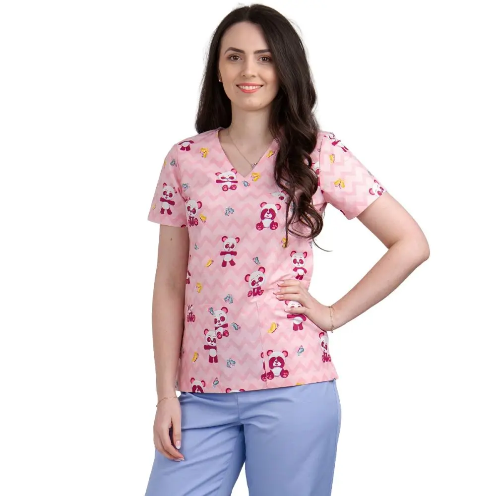 Bluza dama MIRA Imprimeu panda roz - Uniforma Medicala