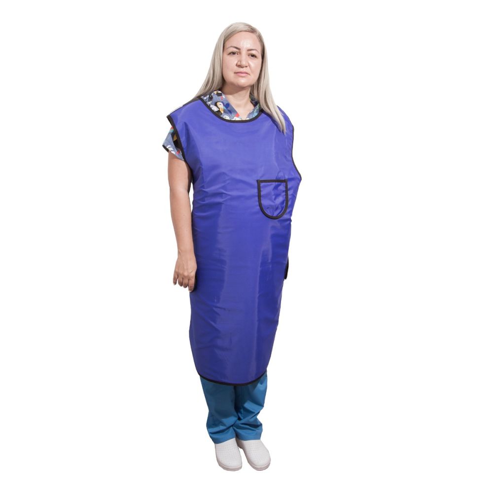 Sort radioprotectie frontala cu plumb 0.50 mm Pb, albastru, inchidere scai, marimi S-XL