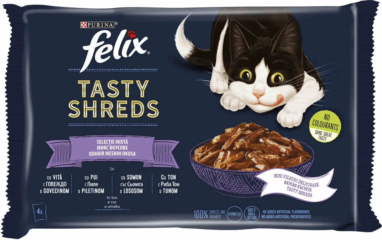 FELIX Tasty Shreds Selectie mixtă cu Vită, Pui, Somon şi Ton în sos 4x80g
