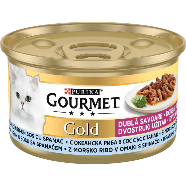 PURINA® GOURMET® GOLD Dublă Savoare, cu Pește Oceanic și Spanac în sos, hrană umedă pentru pisici, 85 g