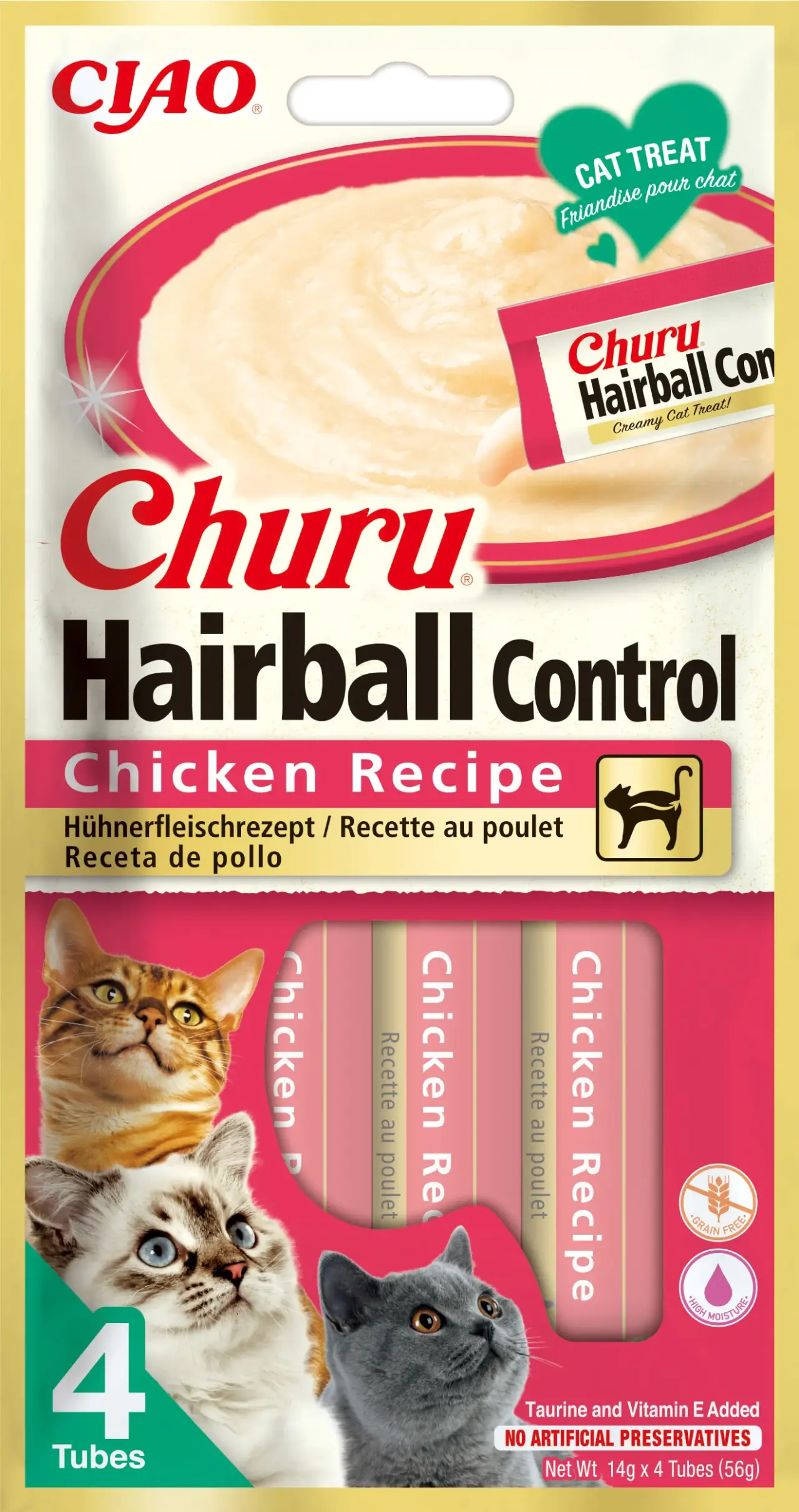 INABA CHURU Hairball Recompensă pt.pisici, Piure cu Pui, Pachet 4 plicuri x 14g