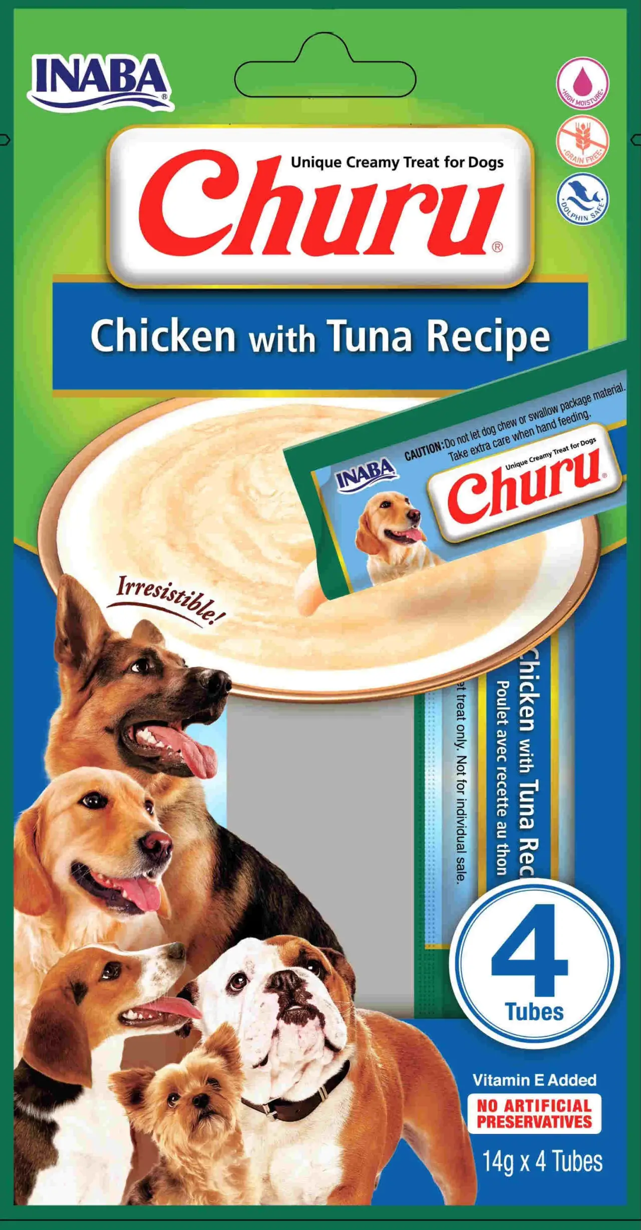 INABA CHURU Recompensă pt. câini, Piure cu Pui şi Ton, Pachet cu 4 plicuri x 14g