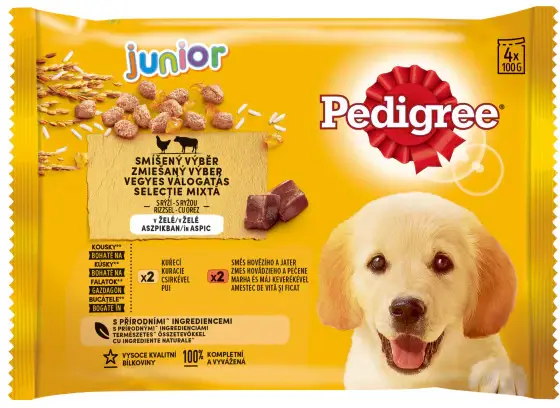 PEDIGREE Pachet plicuri JUNIOR, cu Pui, Vită şi Orez în Aspic 4x100g