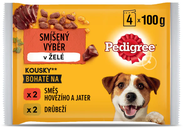 PEDIGREE Pachet plicuri pentru câini Adulţi, cu Vită şi Pasăre în aspic 4x100g