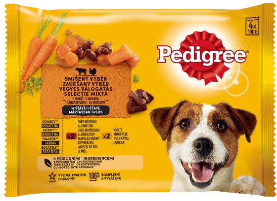 PEDIGREE Pachet plicuri pt. câini Adulţi, cu Vită, Miel, Curcan, Morcovi 4x100g