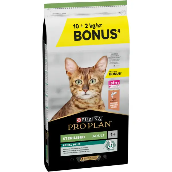 PRO PLAN® STERILISED RENAL PLUS Adult 1+, bogat în somon, hrană uscată pentru pisici, 12 kg
