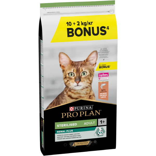 PRO PLAN® STERILISED RENAL PLUS Adult 1+, bogat în somon, hrană uscată pentru pisici, 12 kg