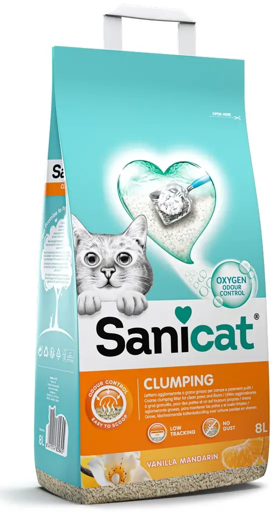 SANICAT Clumping Nisip pentru pisici, cu aromă de Vanilie şi Mandarină, 8L/7kg