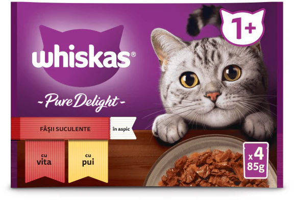 WHISKAS Pure Delight Mix plicuri pisici Adulte, cu Vită/Pui în aspic 4x85g