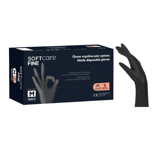 Manusi nepudrate negru Bournas Medicals Soft Care Fine Nitrile Gloves M 100 buc