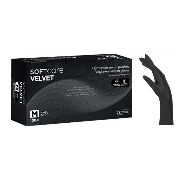 Manusi nepudrate negru Bournas Medicals Soft Care Velvet Vinyl Gloves M 100 buc