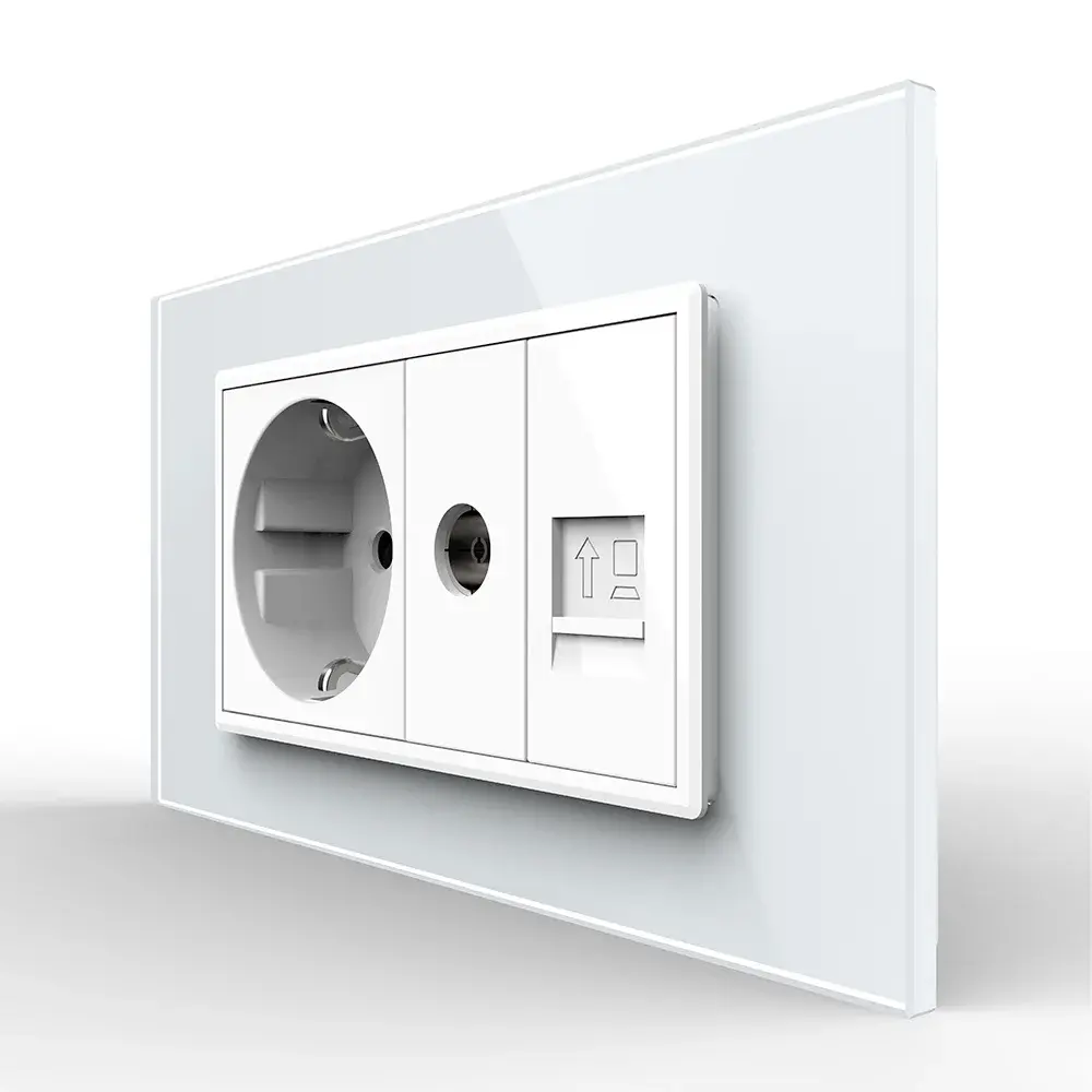 Priza Dubla Livolo cu Rama din Sticla 1 Priza Schuko+TV/internet, Standard Italian – Serie Noua